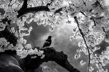 Black and White Photograph of a Cherry Blossom Tree in the Middle of a Lake