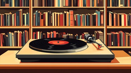 28. A podium displaying a classic vinyl record with a vintage turntable, set in an elegant music store setting