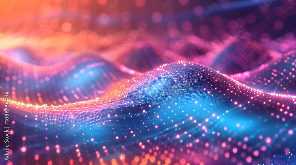 Aufkleber technology background with connected dots on 3d wave landscape. data science, particles, digital wor