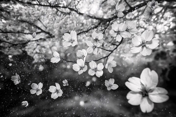 Black and White Photograph of a Cherry Blossom Tree in the Middle of a Lake