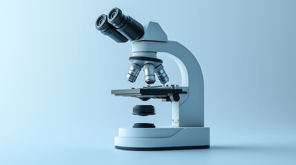 White microscope on table, microscope against white background. Light microscope