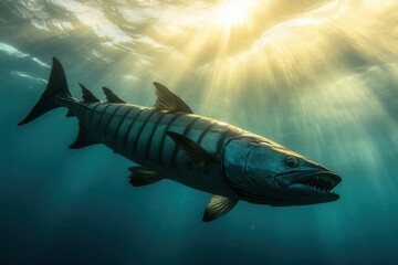 Fototapeta premium Barracuda Near Surface A sleek barracuda swims close to the water's surface