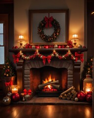 A warm and cozy Christmas living room scene featuring a rustic stone fireplace adorned with festive decorations. The mantel is decorated with a lush garland of red bows, golden ornaments, and greenery