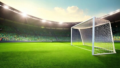 Sunlit soccer field with goalposts, viewed from the side. Empty stadium seating in background