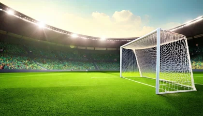 Sunlit soccer field with goalposts, viewed from the side. Empty stadium seating in background © blackdiamond67