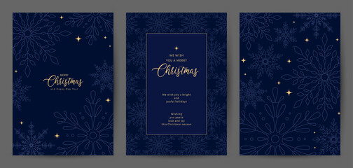 Merry Christmas and Happy New Year set of greeting card, poster, cover. Winter illustration with gold snowflakes in blue color. Modern universal templates. Corporate Holiday cards, invitations
