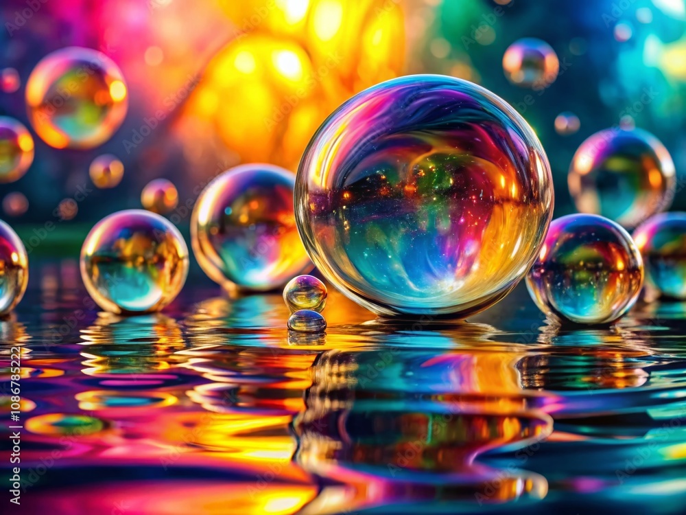Poster capturing vibrant bubbles in water: a high depth of field abstract image showcasing colorful reflect