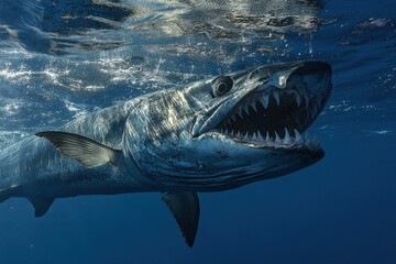 Fototapeta premium Barracuda Near Surface A sleek barracuda swims close to the water's surface