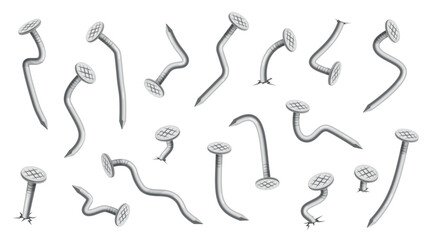 Steel bent nails. Hammered metal elements, joiner connectors, curved silver hobnails, iron carpentry, checkered heads, curved fastening carpentry, building pins nowaday vector isolated set