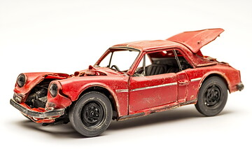 Fototapeta premium A red car with the roof up crashed and twis