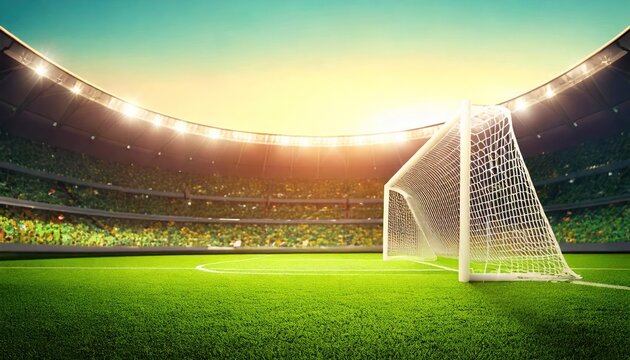 Sunlit soccer field with goalposts, viewed from the side. Empty stadium seating in background