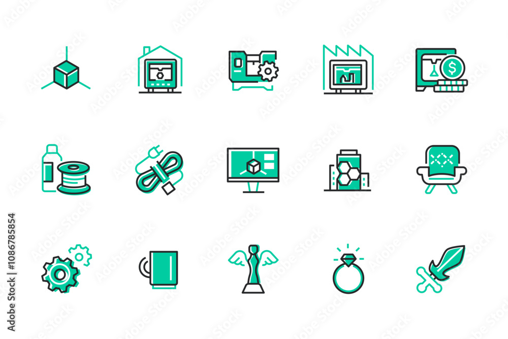 Poster 3d printer and technologies - set of line design style icons