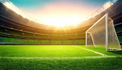 Sunlit soccer field with goalposts, viewed from the side. Empty stadium seating in background