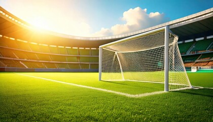 Sunlit soccer field with goalposts, viewed from the side. Empty stadium seating in background