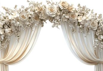 3D realistic wedding arches with flowers and curtains, white background