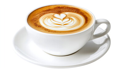 cup of coffee cappuccino with pictures top view isolated on white background, ai generated