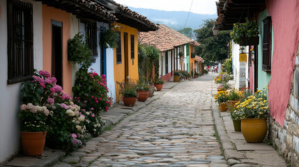 Fototapeta premium Vibrant Street Scene with Colorful Buildings and Cobblestone Pathways