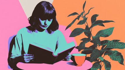Colorful retro illustration of woman reading next to potted plant