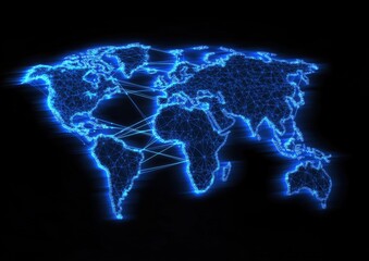 Illuminated World Map with Network Connections Showcasing Digital Data Flow and Global Communication in a Futuristic Design Against a Dark Background