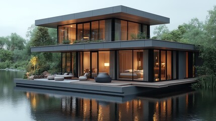 A 3D highly detailed luxury lakeside home with large floor-to-ceiling windows and outdoor decks, isolated on a white background.