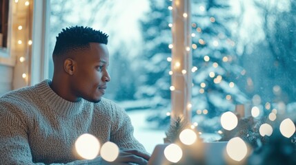 A man working on a laptop in a cozy cabin with snow-covered trees visible through large windows. Concept: productivity and serenity