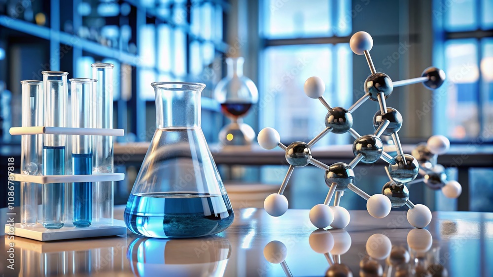 Poster chemical structure of magnesium phosphate formula on a laboratory table with clear copy space for ed