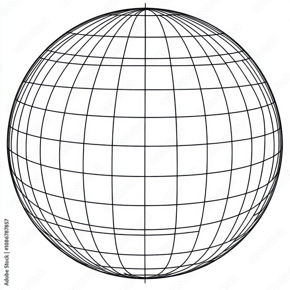 Poster detailed outline of a three-dimensional sphere featuring a grid pattern, representing geometric and 