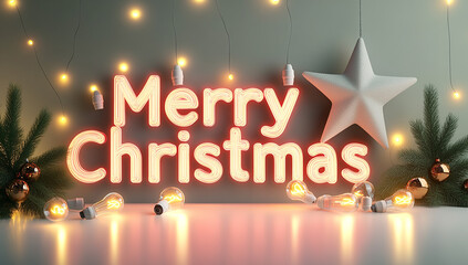 3D text Merry Christmas with Christmas decorations and lights