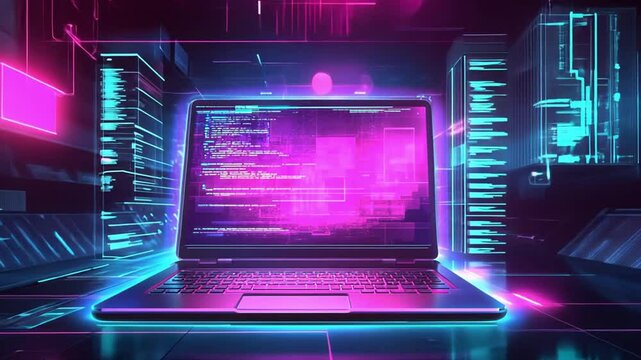 A futuristic laptop displaying code in a vibrant, digital environment.