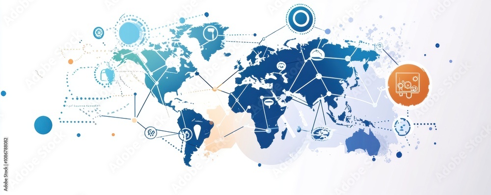 Poster abstract global connectivity illustration featuring a stylized world map with digital icons represen