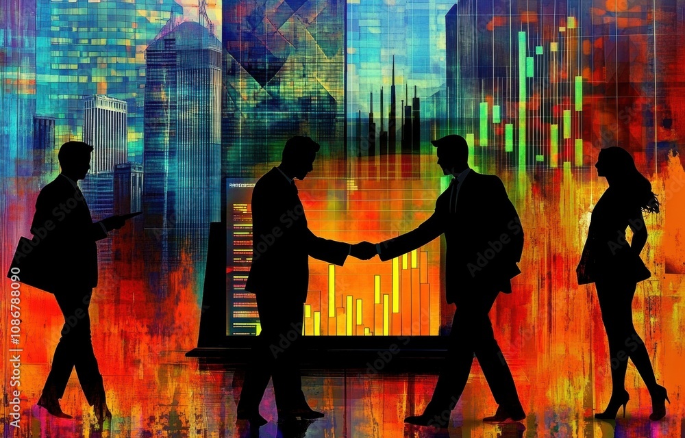 Poster colorful abstract business meeting with figures shaking hands in front of graphs and data visualizat