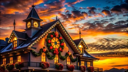Fototapeta premium Christmas Clipart Silhouette of a Beautifully Designed Architectural Building with Festive Elements, Captured in a Stylish and Elegant Way for Holiday Season Creativity