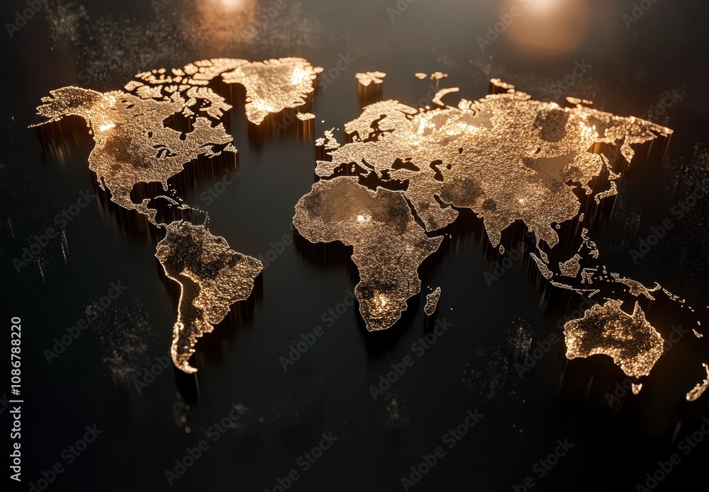 Aufkleber detailed 3d rendered map of the world illuminated with glowing lights and sparkling particles agains