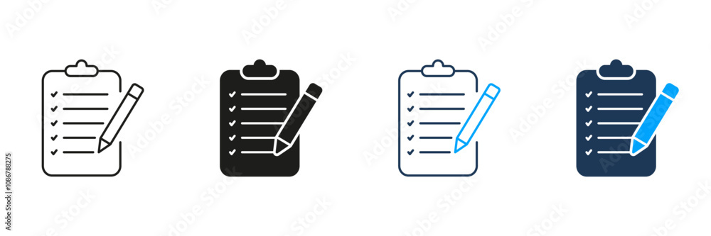Poster paper document with pen line and silhouette icon set. write check list pictogram. business contract 