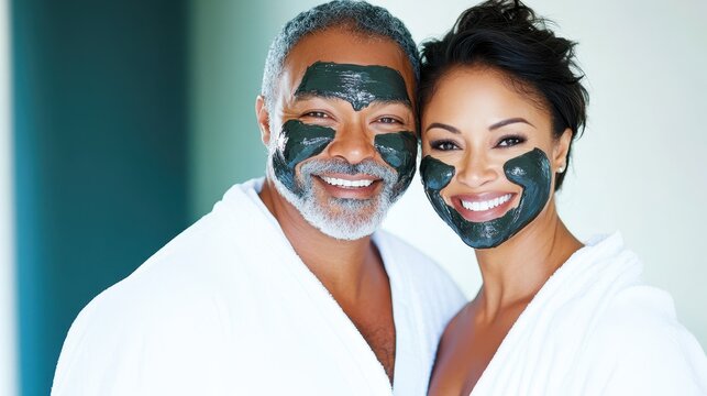 A middle-aged Black couple in white robes smiling with black face masks, promoting self-care and relaxation at home or spa. - Powered by Adobe