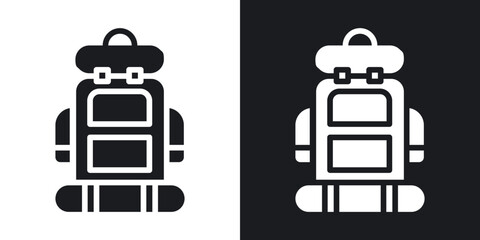 Hiking backpack icon set in black filled and solid filled style