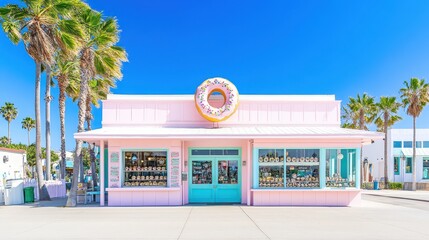 A pastel pink donut shop with a giant donut sign, surrounded by palm trees under a clear blue sky.