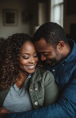 Obraz premium Smiling Black Couple Relaxing on Couch, Woman Wearing Green Jacket and Grey Shirt