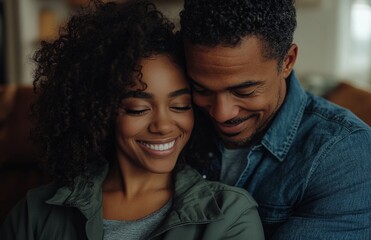 Obraz premium Smiling Black Couple Relaxing on Couch, Woman Wearing Green Jacket and Grey Shirt