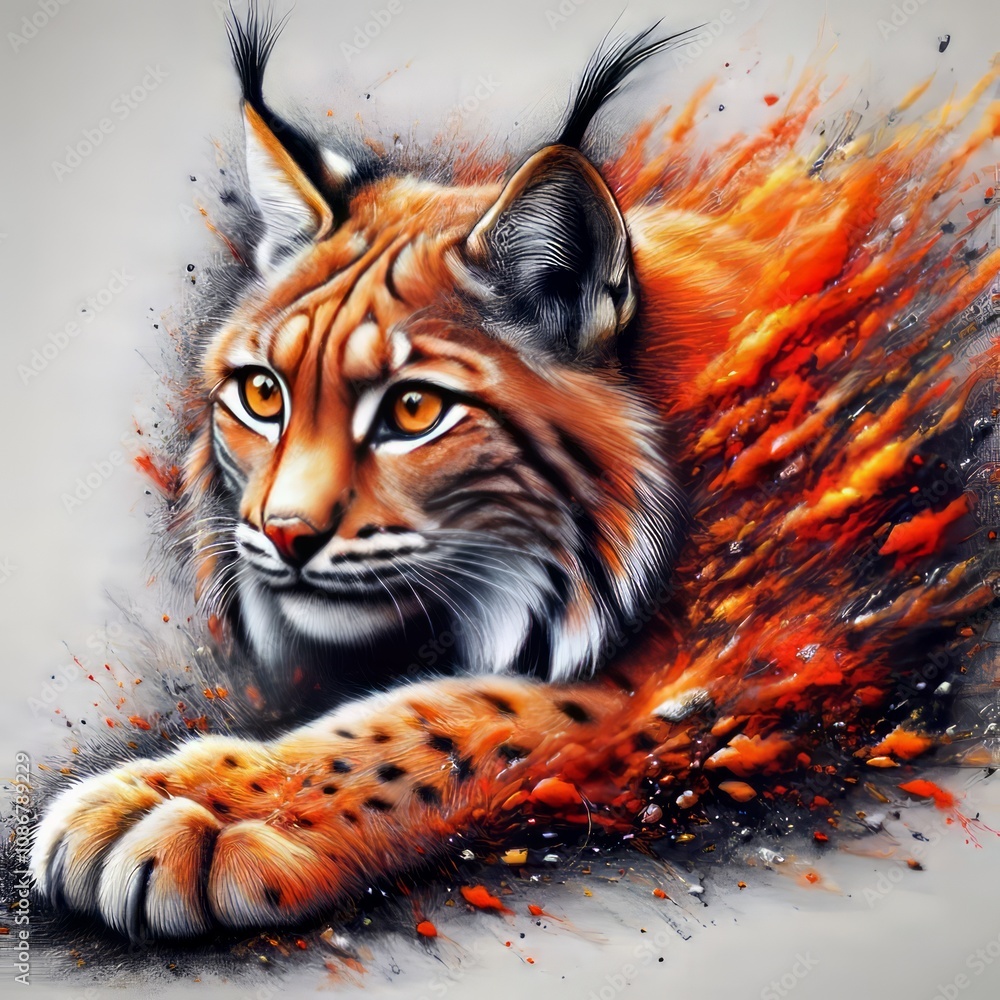 Poster lynx's sneak a lynx stalking its fur exploding into a blend of o
