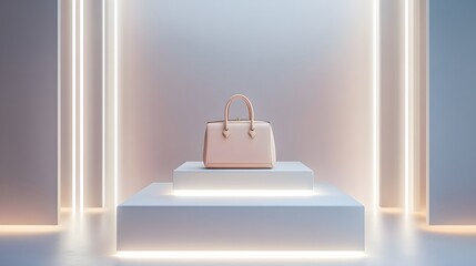 3. A minimalist podium with a designer handbag displayed, surrounded by soft white lighting in a boutique