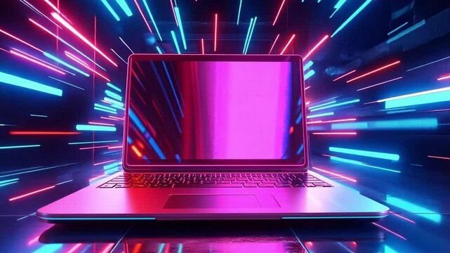 A futuristic laptop surrounded by vibrant neon lights and dynamic motion effects.