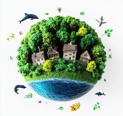 A Whimsical Eco-Friendly World with Green Trees, Charming Houses, Water, Animals, and Natural Elements Showcasing Harmony Between Nature and Humanity