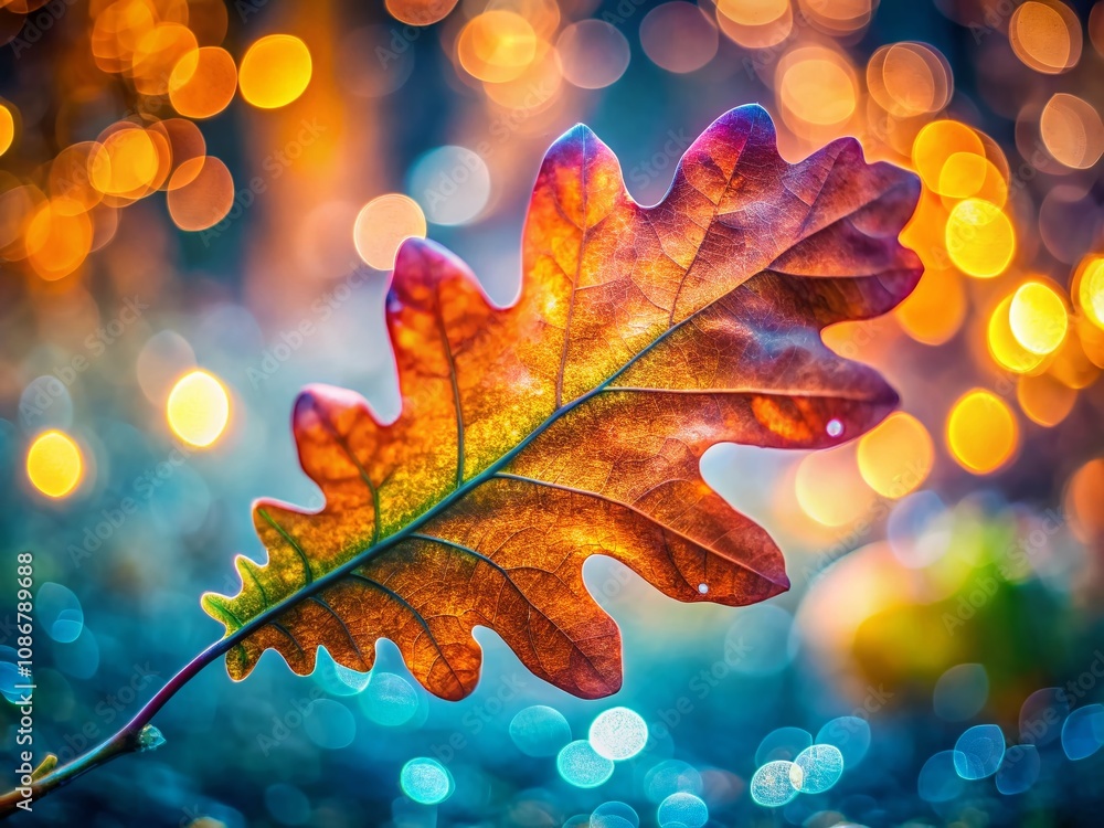 Aufkleber close-up of an oak leaf with bokeh effect in a nature setting, capturing the intricate details of au