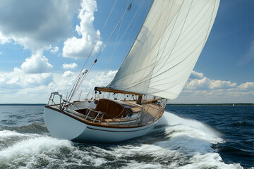 Obraz premium Ships and boats sail on the sea on a sunny day and silhouettes of people, a public place