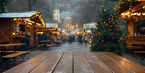 Obraz premium Empty wooden table in a festive Christmas market during winter. Generative AI.