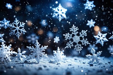Close-Up of Delicate Falling Snowflakes on a Black Background at Night with Bokeh and Blur Effects Creating a Magical Winter Atmosphere