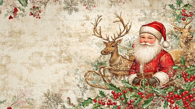 Cartoncino digitale natalizio, tema vintage con Babbo Natale, renne e slitta. Ampio spazio per gli auguri personalizzati.