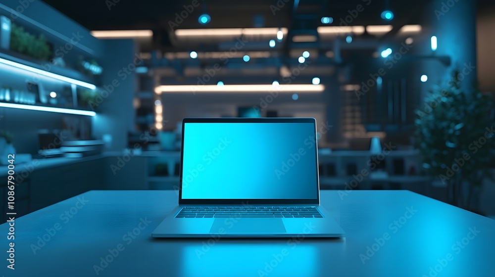 Poster 4. a podium in an electronics store displaying the latest laptop with a glowing screen and professio