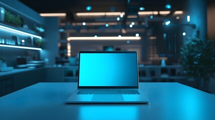 4. A podium in an electronics store displaying the latest laptop with a glowing screen and professional setup